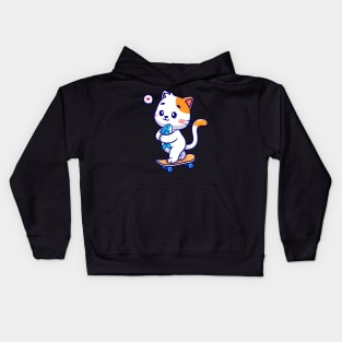 Cute Cat Holding Fish On Skateboard Cartoon Kids Hoodie